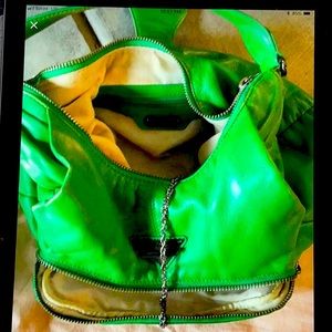 Hobo style buttery soft green leather and gold hardware satchel